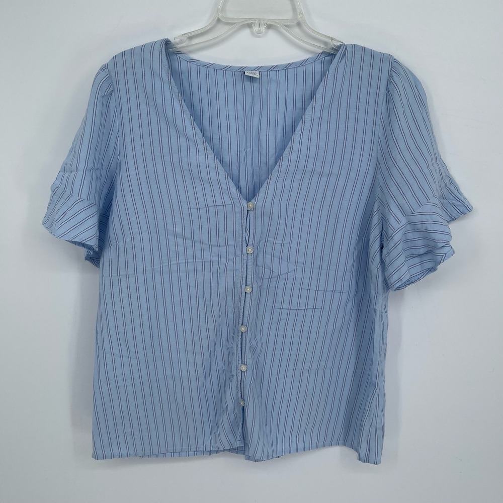 Old Navy Women's Light Blue Striped V-Neck Ruffle Sleeve Button Front Top Size L